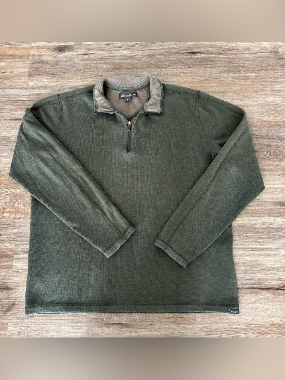 Eddie Bauer TXL, tall XL, 1/4 zip green sweater. Taupe colored collar.